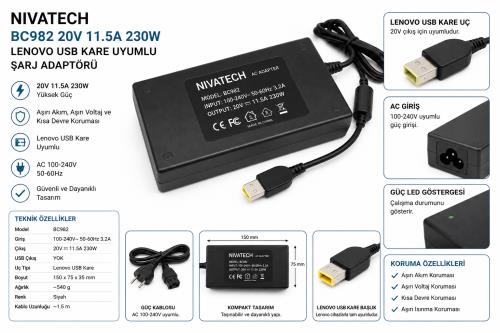 NIVATECH BC982 20V 11.5A 230W LENOVO USB KARE UYUMLU ŞARJ ADAPTÖRÜ